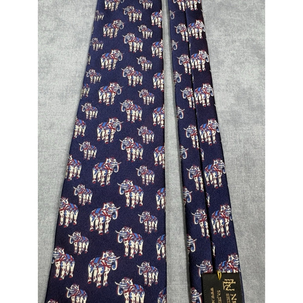 New & Lingwood British Museum Elephant Silk Tie Handmade Italy 60" Navy - Picture 6 of 13